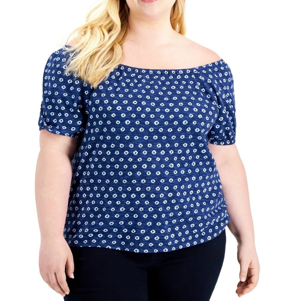 Style & Co Women's Plus Size Cotton Off-The-Shoulder Top, Blue With Dots, 1X